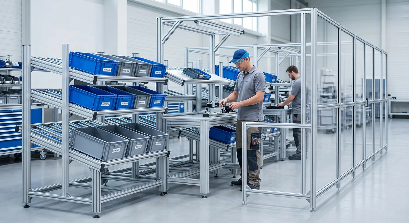 Aluprofil-Systeme im Lager: Arbeitsplätze, Schutzzäune und Lean-Lösungen — Modularer Baukasten für Betrieb und Logistik