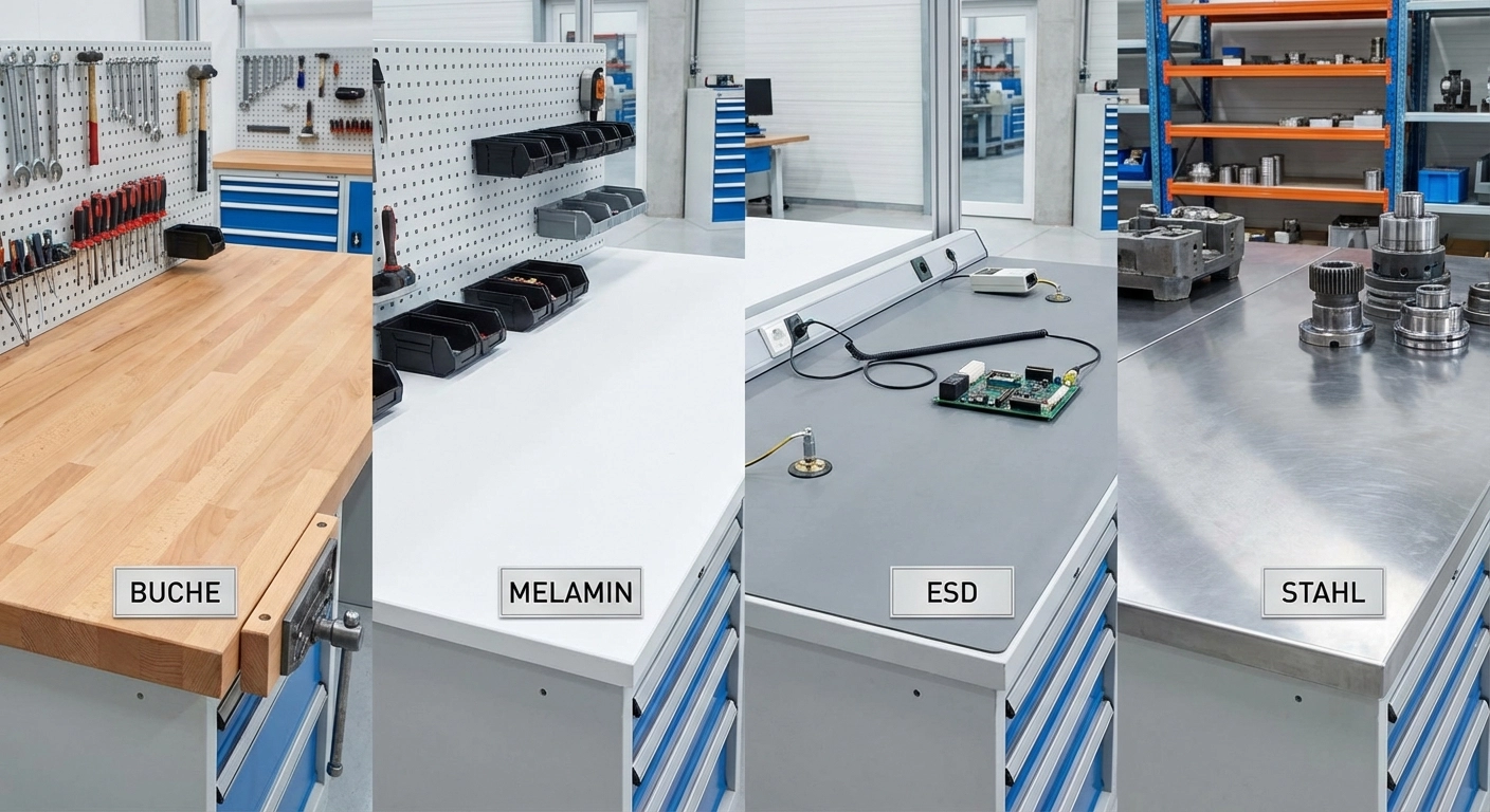 Arbeitsplatte für die Werkbank: Buche, Multiplex, Melamin, Linoleum, Stahl und ESD im Vergleich