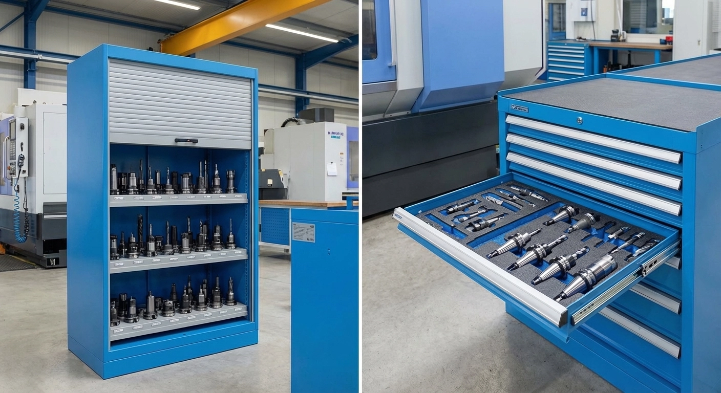 CNC-Werkzeuglagerung: Rollladenschränke vs. Schubladensysteme im Vergleich