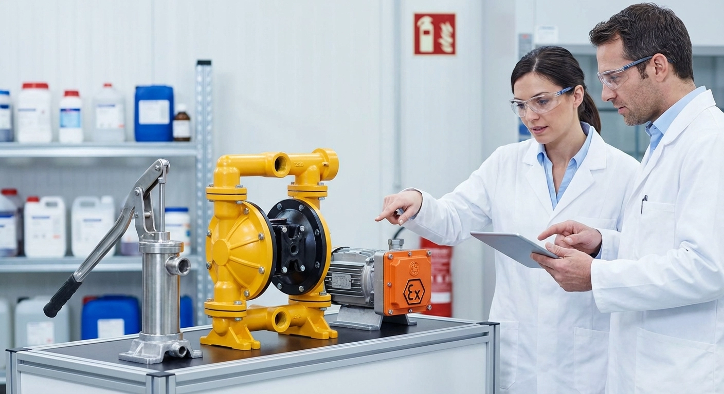 Gefahrstoff-Pumpen im Betrieb: Membranpumpen vs. Handpumpen — Auswahl, Normen und Praxistipps