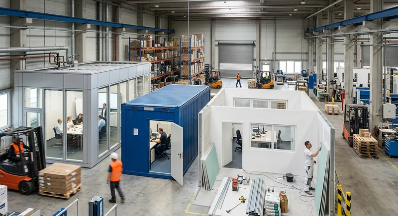 Hallenbüro, Bürocontainer oder Trockenbau: Drei Wege zum Arbeitsplatz in der Halle im Vergleich