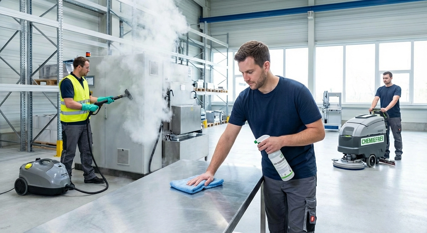 Industriereinigung ohne Chemie? Mikrofaser, Dampf und biologische Reiniger im Praxistest