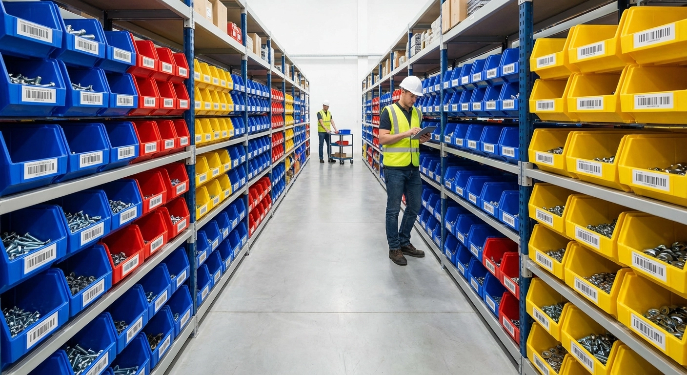 Sichtlagerkästen und Kleinteilelager organisieren: Behältertypen, Regalsysteme und Farbkonzepte